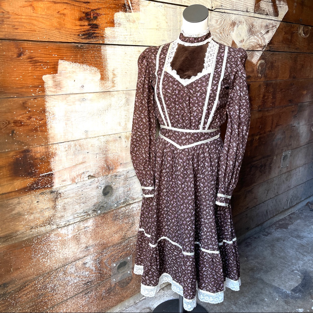 Gunne Sax 1970’s Brown & White Velvet And Lace Floral Print Midi Dress Size 9